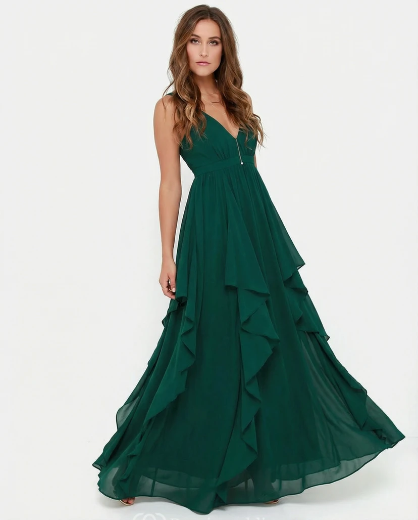 Vestido largo de gasa sin mangas color verde oscuro