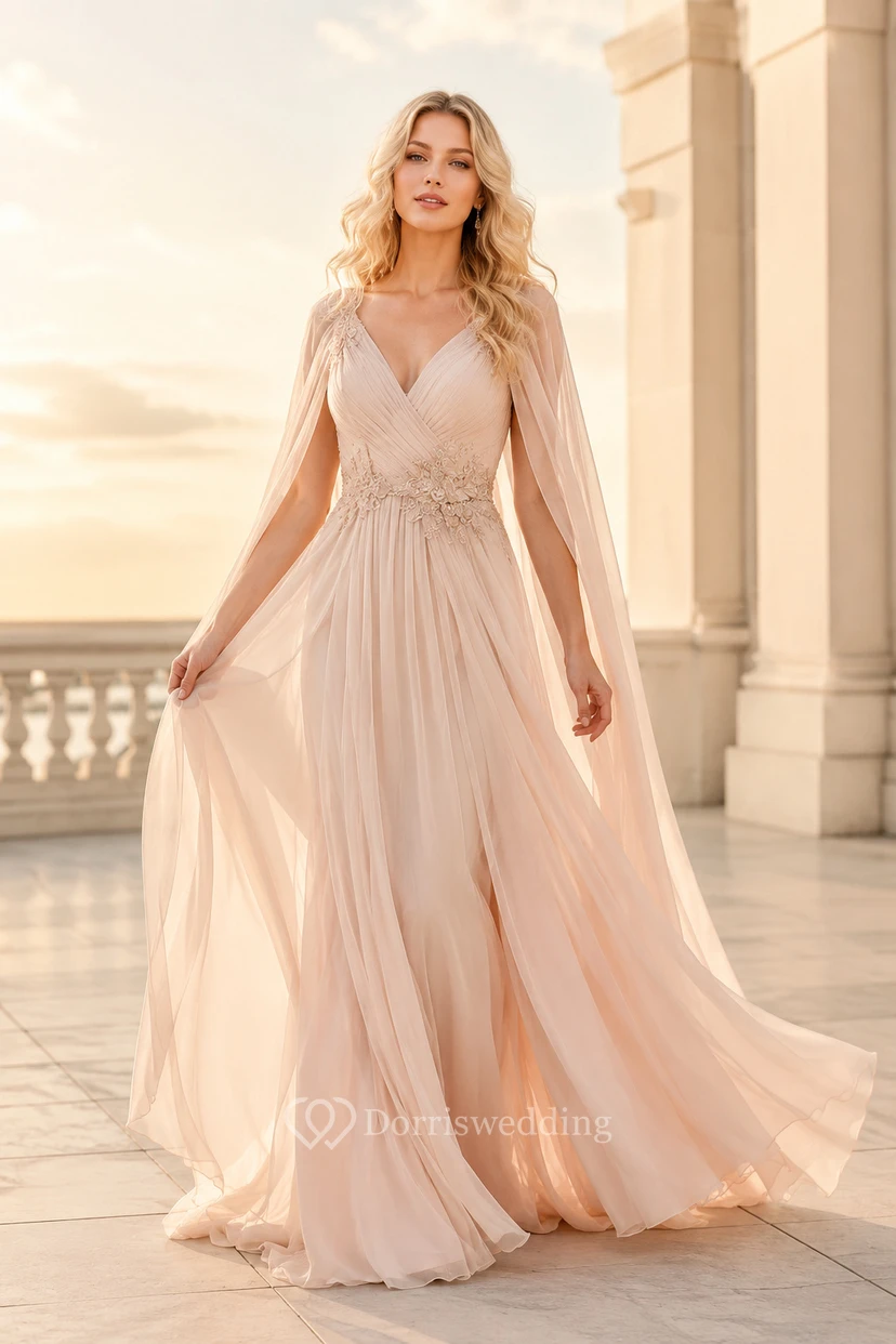 Blushing Pink Chiffon A-Line Formal Dress with Long Cape Sleeves and V-Neck