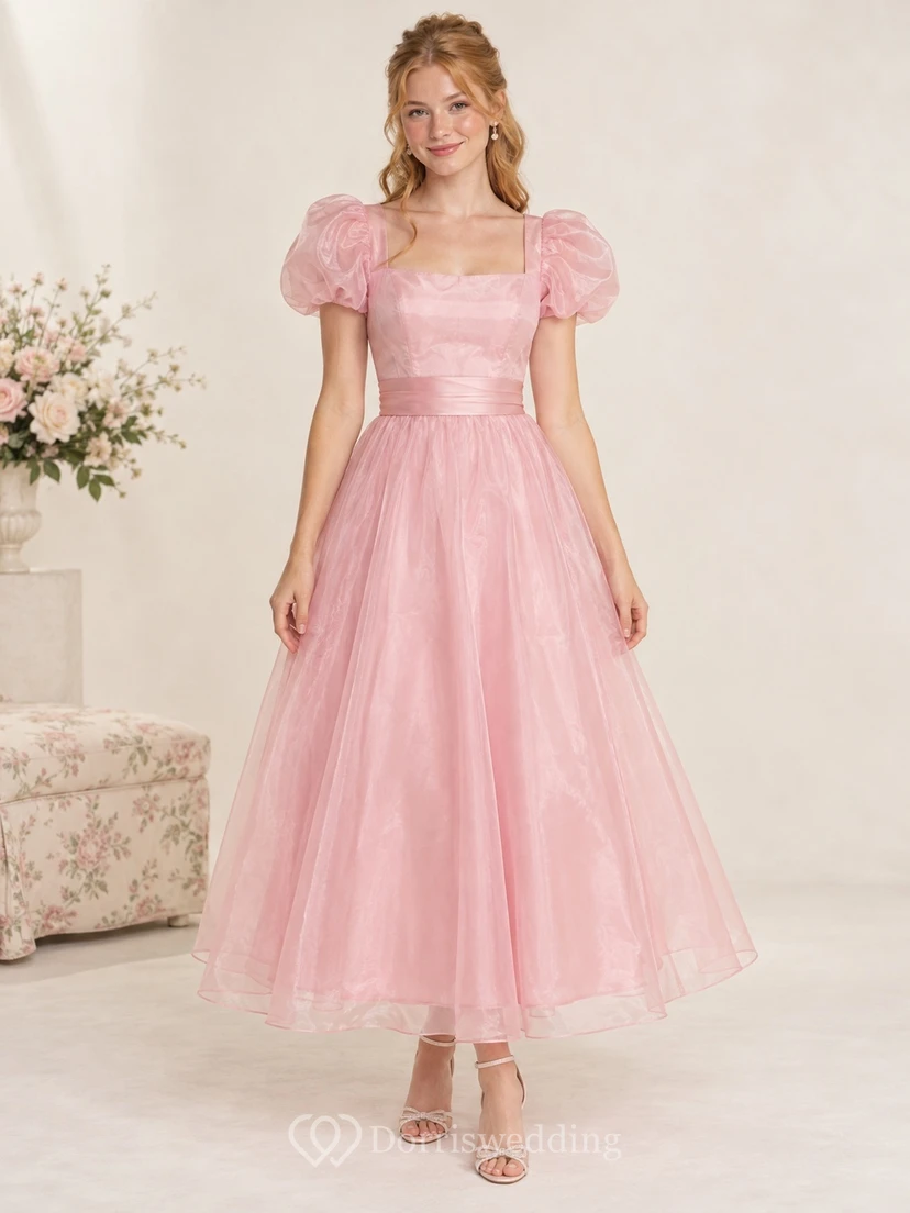 Tea-length Blush Square Neck Puff Sleeve Tulle A-line Prom Dress