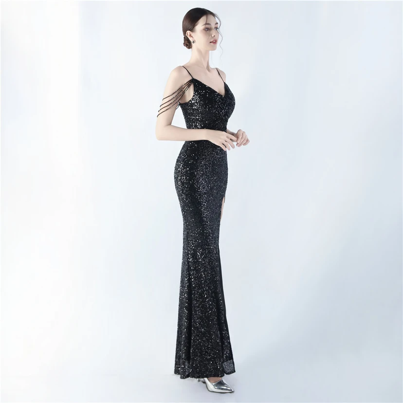 Robe de soirée sexy à bretelles et fente haute, ornée de perles et de perles artisanales. view 4