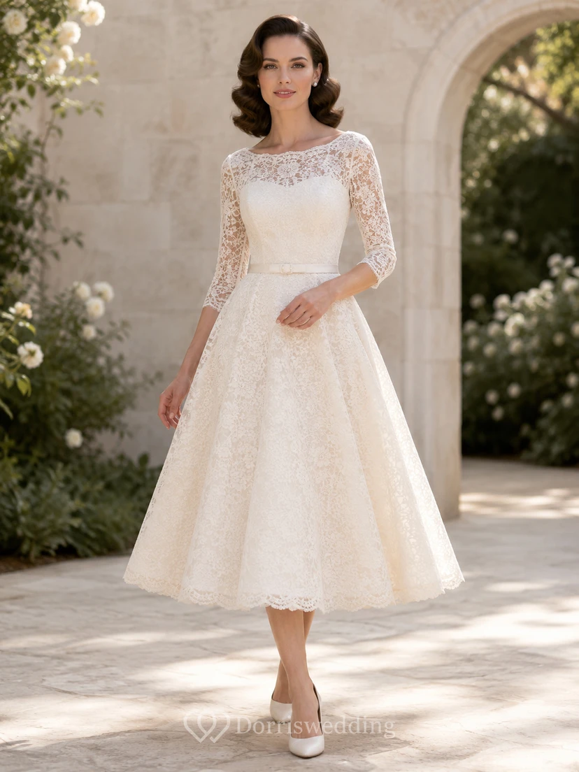 Robe de mariée vintage années 1950, style bateau, manches trois-quarts en dentelle, coupe trapèze, longueur thé