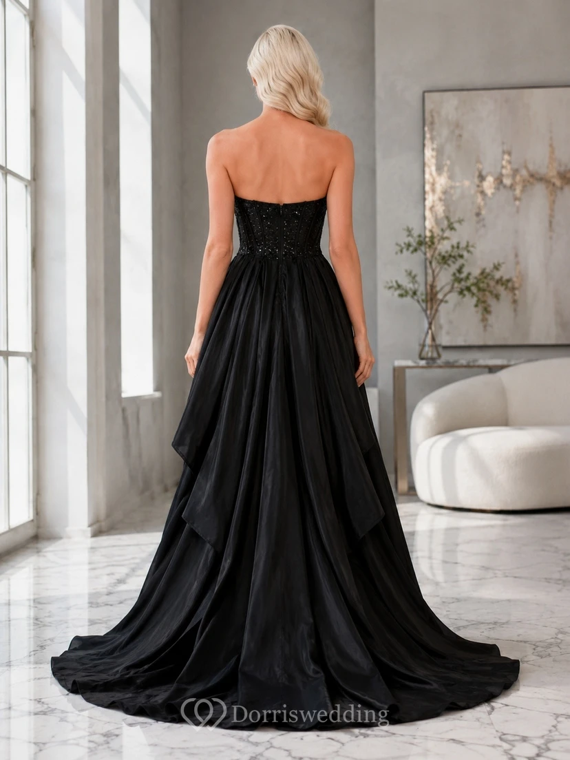 Black Strapless Sweetheart Tulle High Low Prom Dress view 2