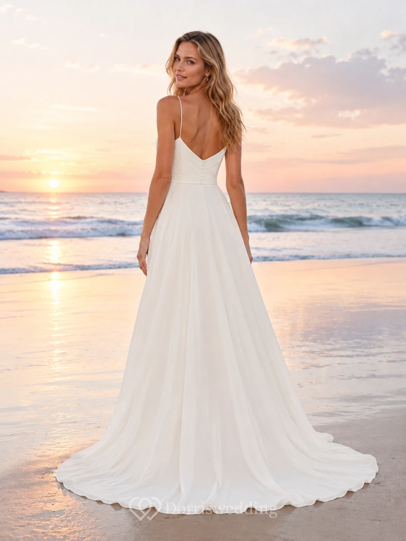 Beach Chiffon Tulle Wedding Dress A-Line Spaghetti Strap Floor Length Bridal Gown view 2