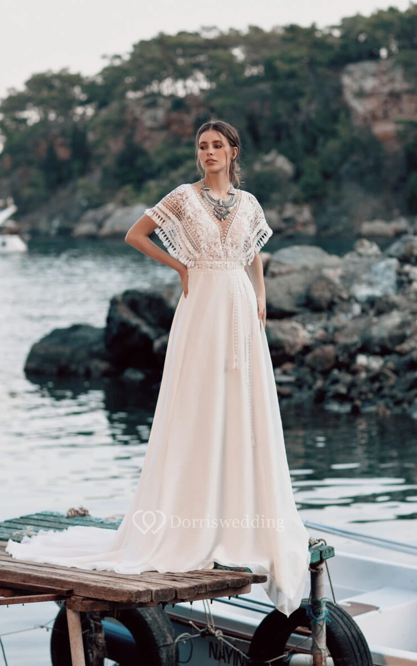 Simple Chiffon V-neck Caped Empire White Boho Wedding Dress with Low-v Back view 4