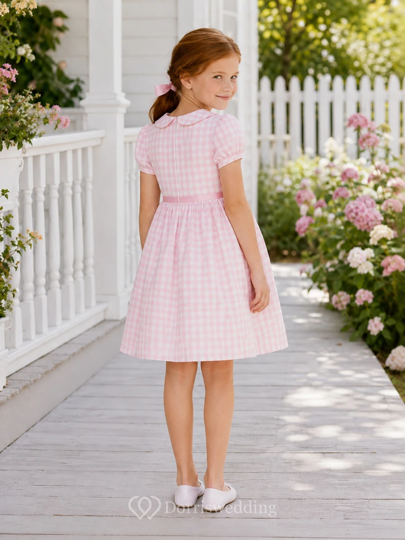 Blushing Pink Gingham A-Line Taffeta Flower Girl Dress, Short Sleeve T-shirt, Jewel Neck, Knee-Length Garden view 2