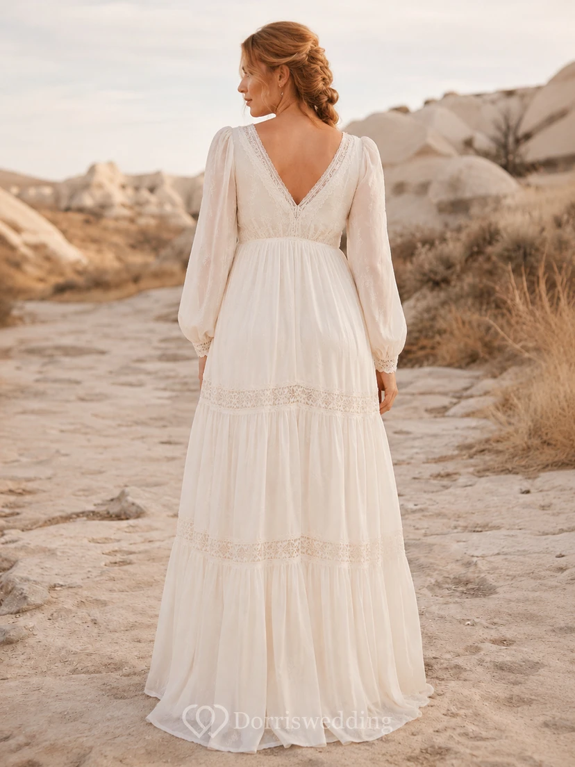 Long Poet Sleeve Boho Maternity Wedding Dress V-Neck Tiered Bridal Gown view 2