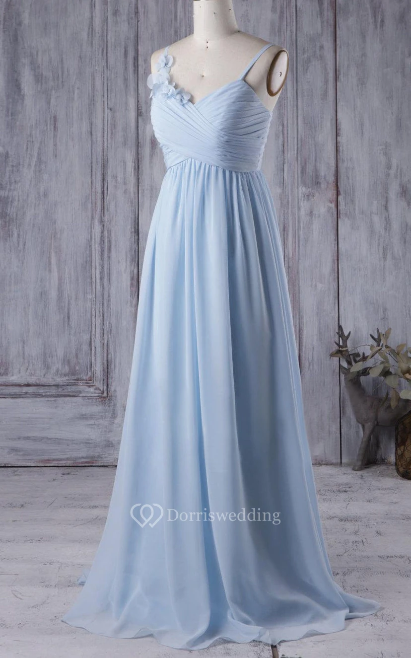 Spaghetti Straps Criss-cross Top A-line Pleated Chiffon Long Dress With Flowers view 2