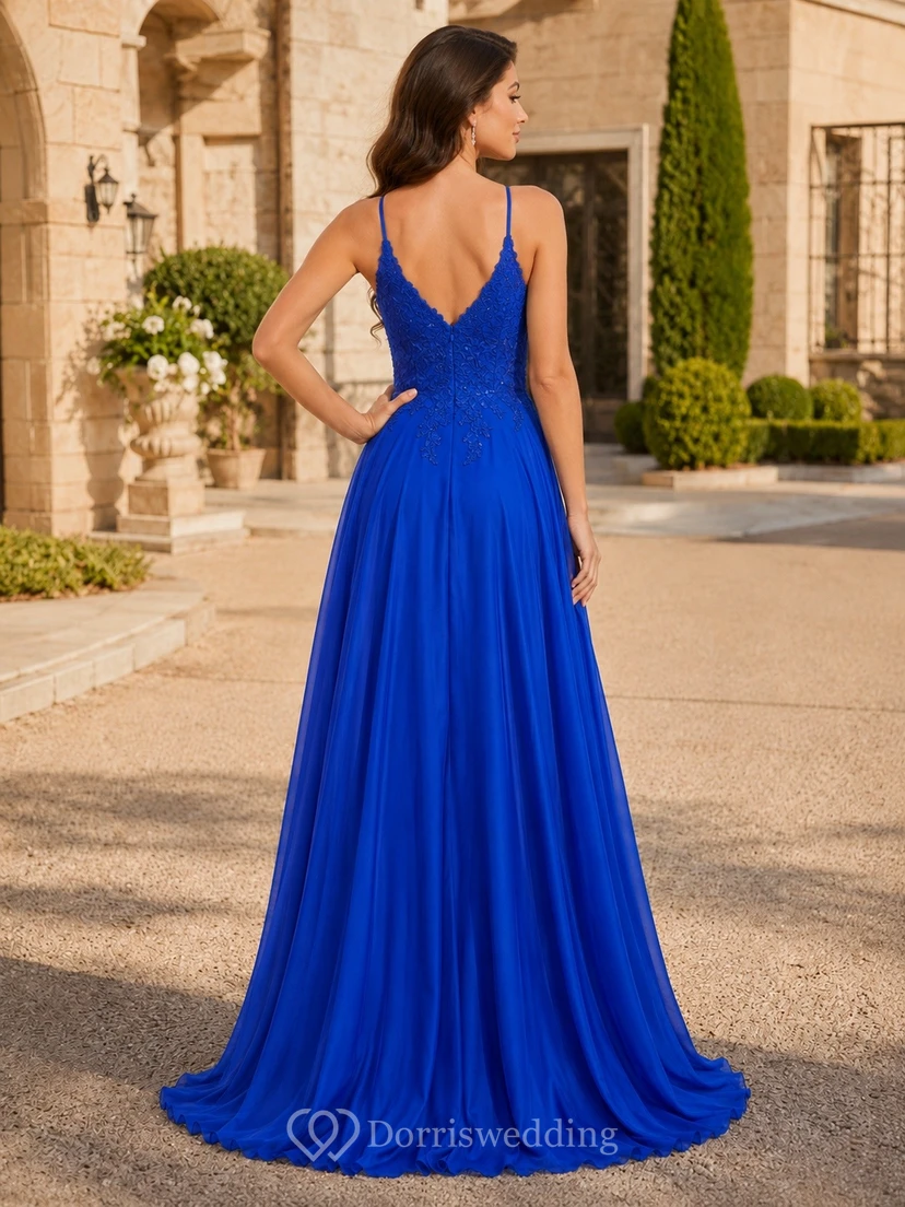 Royal Blue V-Neck Straps Chiffon Split A-Line Gown view 2
