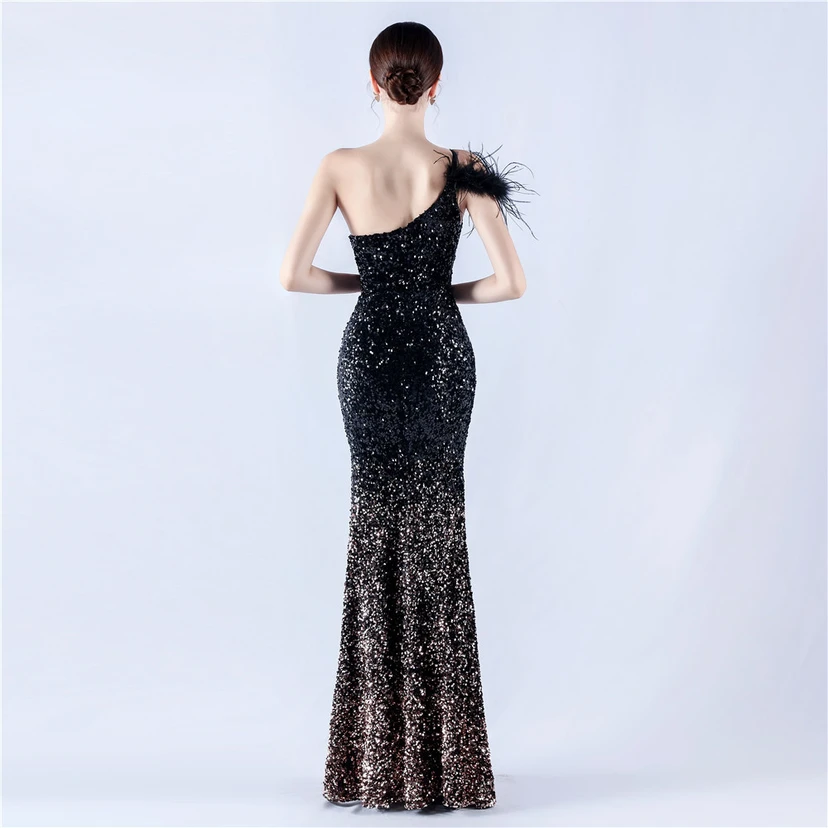 Gradient Velvet Bottom Sequins Craft Beading Ostrich Hair One-Shoulder Oblique Collar High-Slit Evening Dress view 35