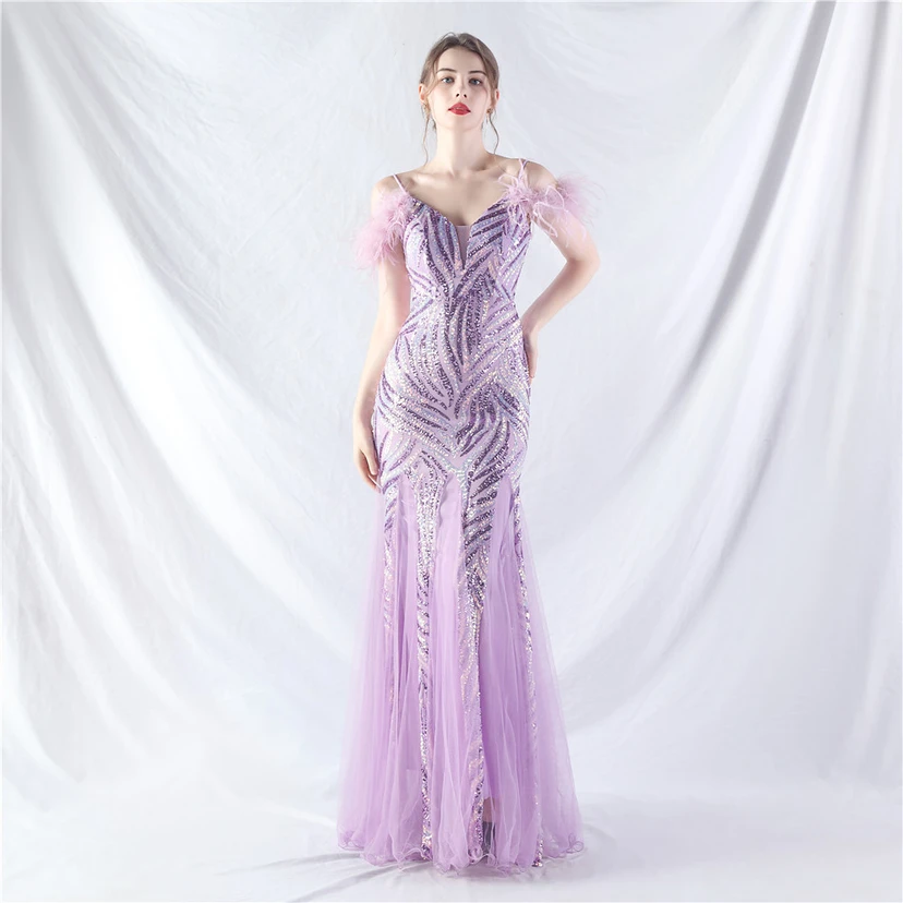Crafted Ostrich Feather Stacked Sequins Splicing Mesh Gauze High-End Evening Dress Clothes view 91