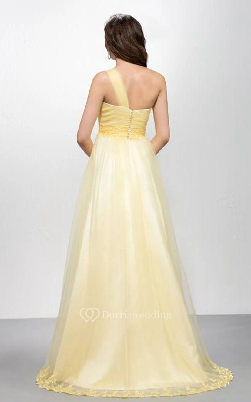 Modernes, bodenlanges A-Linien-Abendkleid mit One-Shoulder-Applikationen, Reißverschluss und Applikationen view 2
