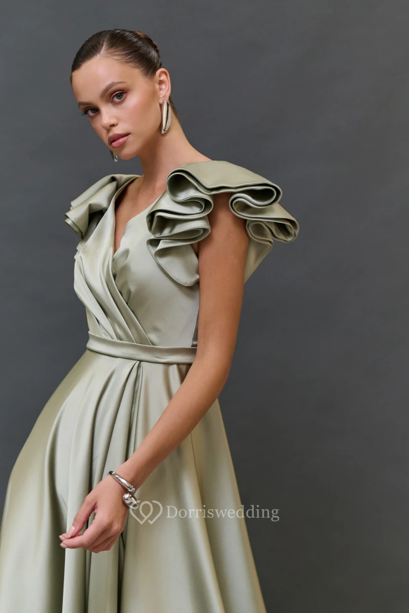 Satin Green Cap Criss-cross Floor-length Dress view 2