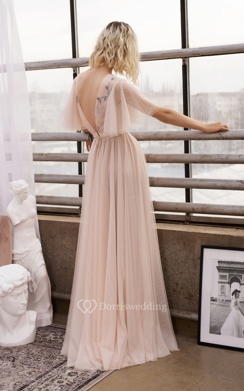 Brautkleid aus rosafarbenem Tüll mit Empire-Stil, U-Boot-Ausschnitt und halben Ärmeln sowie Stickereien im U-Boot-Ausschnitt-Stil view 3