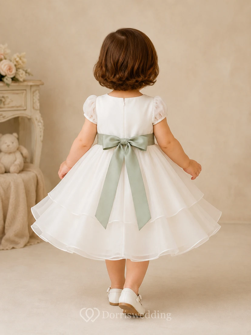 Baby Baptism Christening Ceremony Dress A-Line Tea-Length Jewel Neck Cap Sleeve Tulle Ribbon Sash Bow Back Button Back view 2