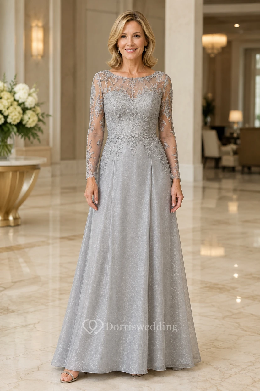 Mutterkleid aus silberner Spitze und Tüll in A-Linie