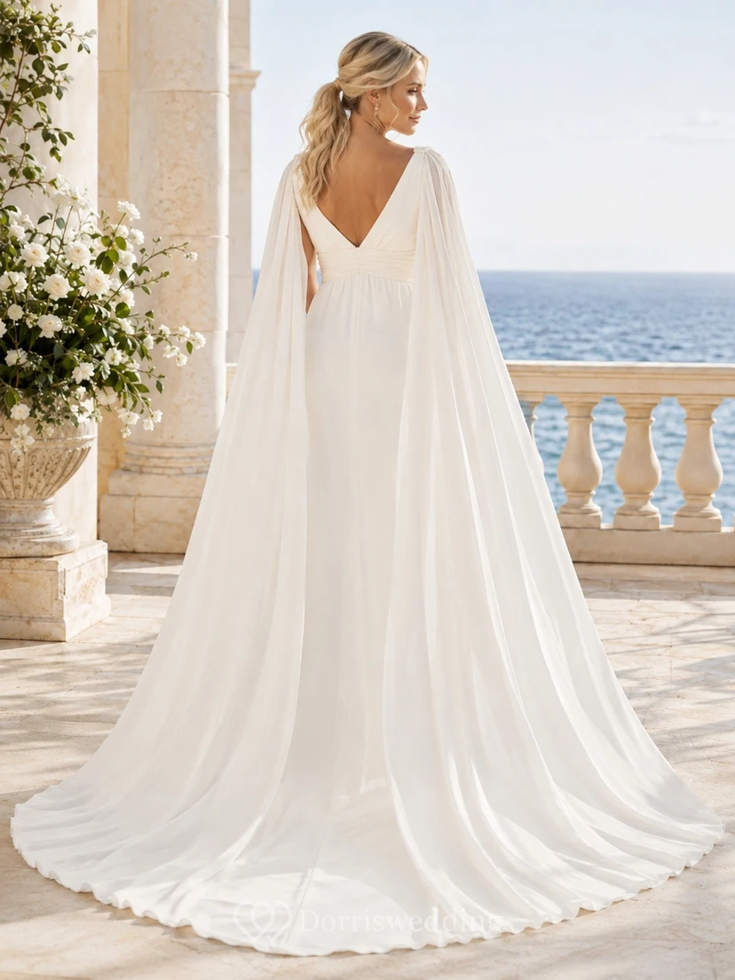 Vestido de novia de gasa estilo imperio, elegante y sin mangas con escote en V para embarazadas view 2