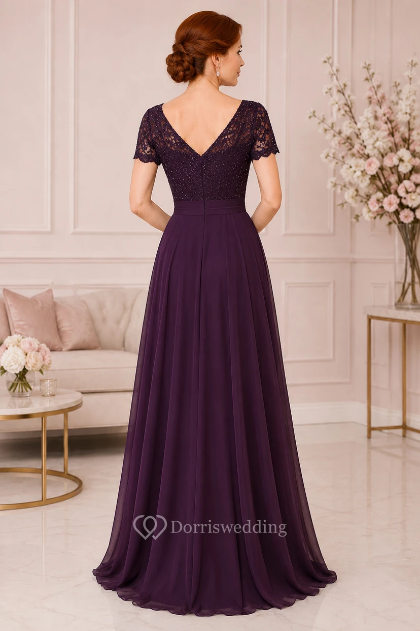 Robe de mère en mousseline de soie, coupe trapèze, corsage en dentelle prune, manches courtes, idéale pour les événements formels et la maternité. view 2