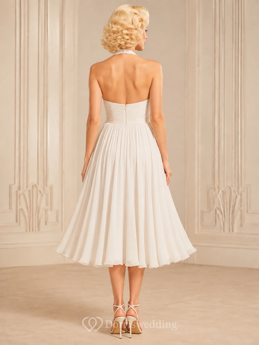 White Halter Sweetheart Backless Pleated Satin Vintage A-Line Tea Dress view 2