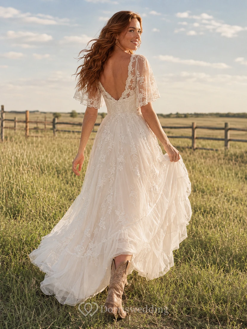 Country Boho Romantic A-Line Lace Tulle Wedding Dress with Sweetheart Flutter Sleeves Short Sleeve High-Low Ruffled Tiered Low Back Deep V Detail view 2