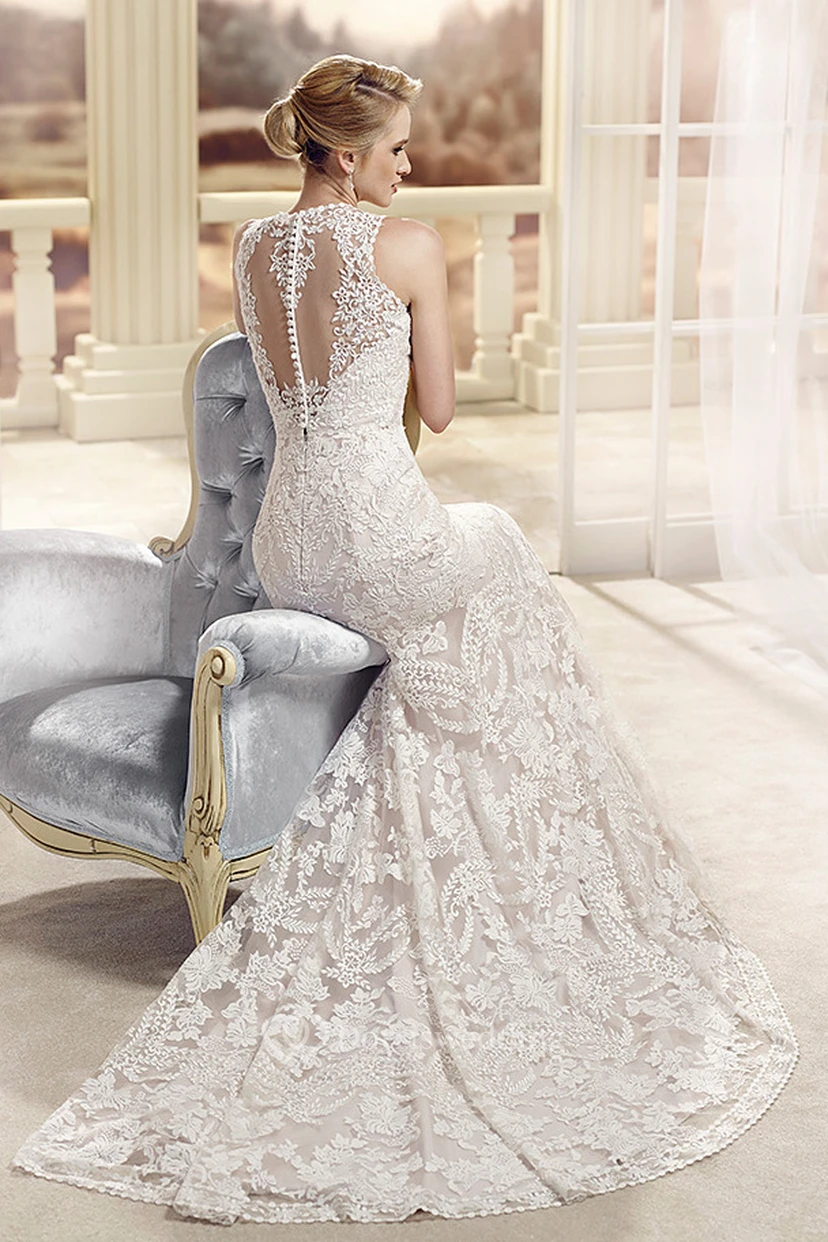 Sheath Sleeveless High Neck Lace Wedding Dress With Illusion view 2