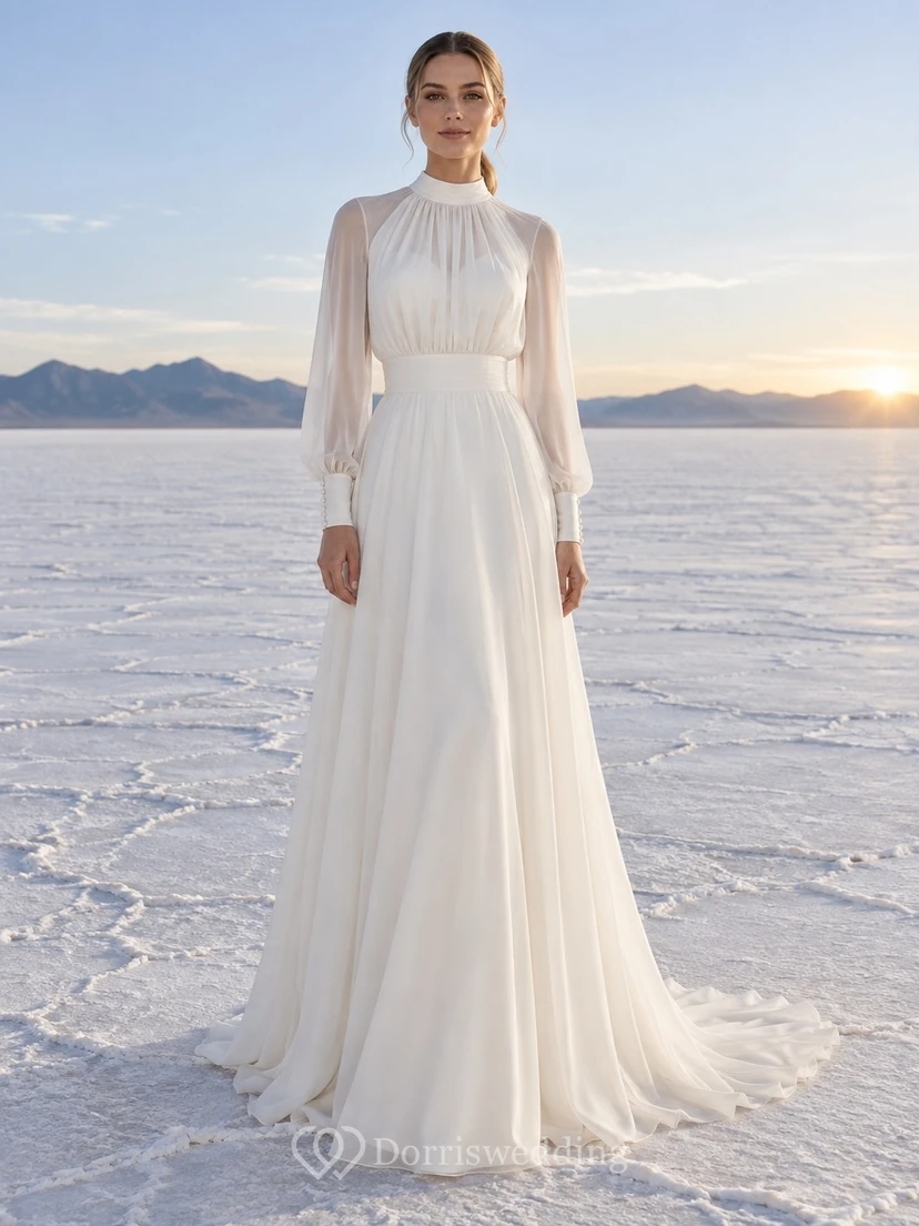 Vestido de novia sencillo de gasa lisa, corte A, manga larga, cuello alto y largo hasta el suelo