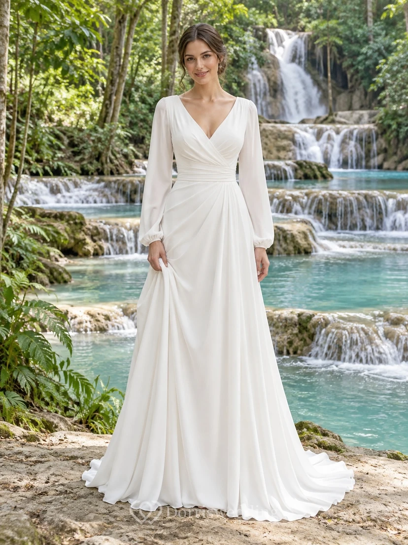 Simple V-Neck Long Poet Sleeve Flowing A-Line Sweep Train Wedding Dress