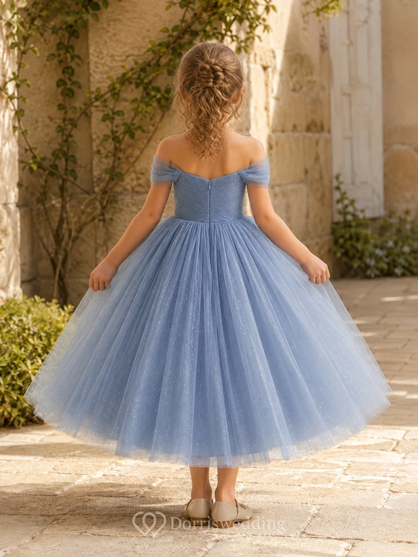 Vestido de niña de flores de corte A con encaje de tul y hombros descubiertos, mangas cortas, falda a media pierna y detalle de lazo. view 2