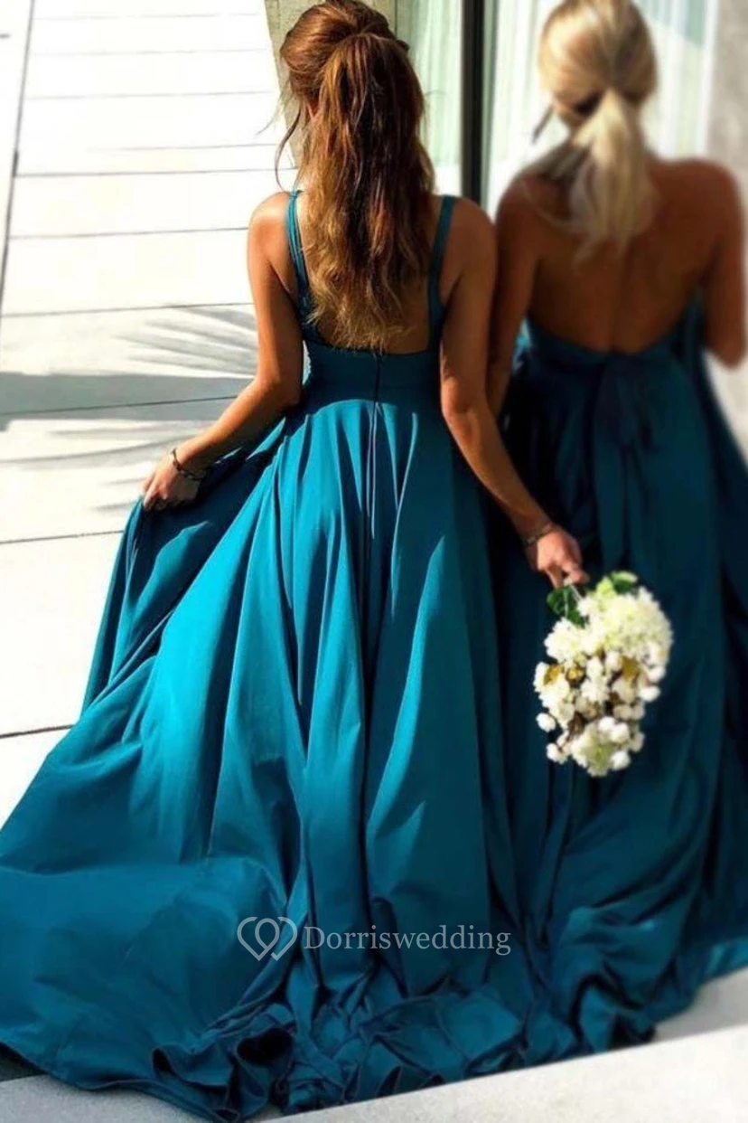 Plunging V-neck Sleeveless Empire Front Split Champagne Bridesmaid Dress With Pleats view 4