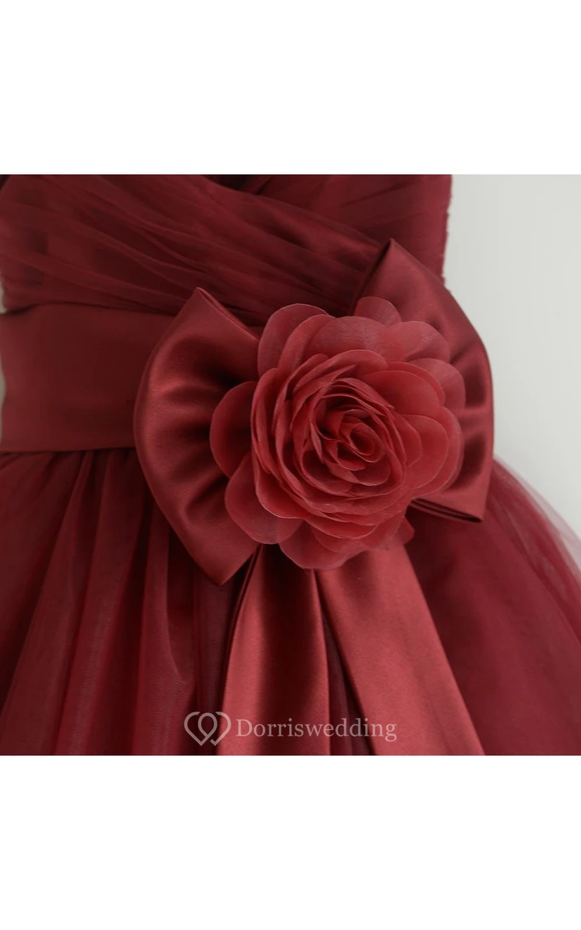 Criss-cross Bodice Spaghetti Straps Pleated A-line Tulle Long Dress With Flower view 2