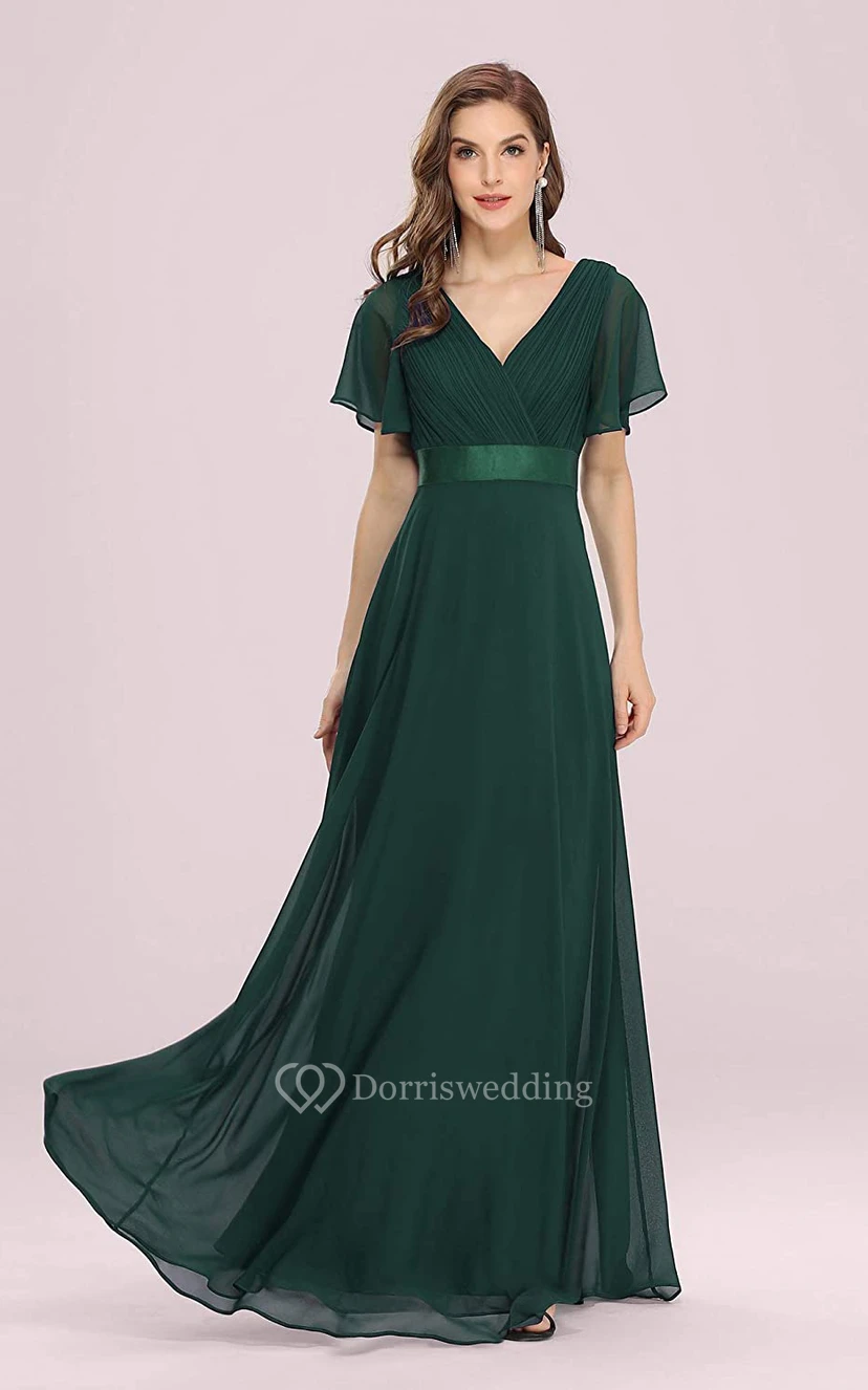 Elegant Chiffon V-neck A Line Short Sleeve Prom Mother Dress With Ruffles view 7