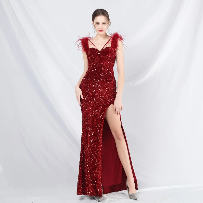 Craft Beaded Ostrich Feather Plush Sequined Long Evening Dress view 28