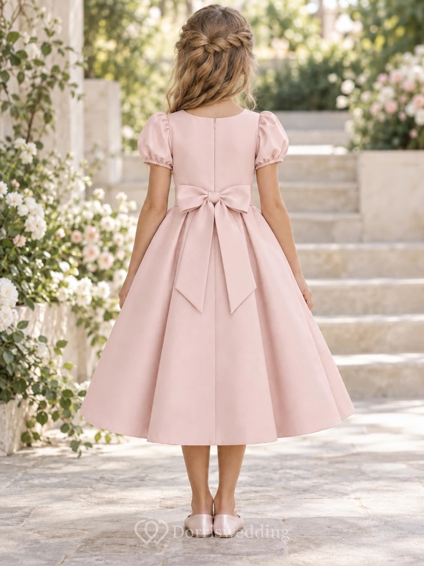Simple Tea-length Pearl-pink Jewel Puff-sleeve Banded Box-pleated Bow-back Zipper-back A-line Flower Girl Dress view 2