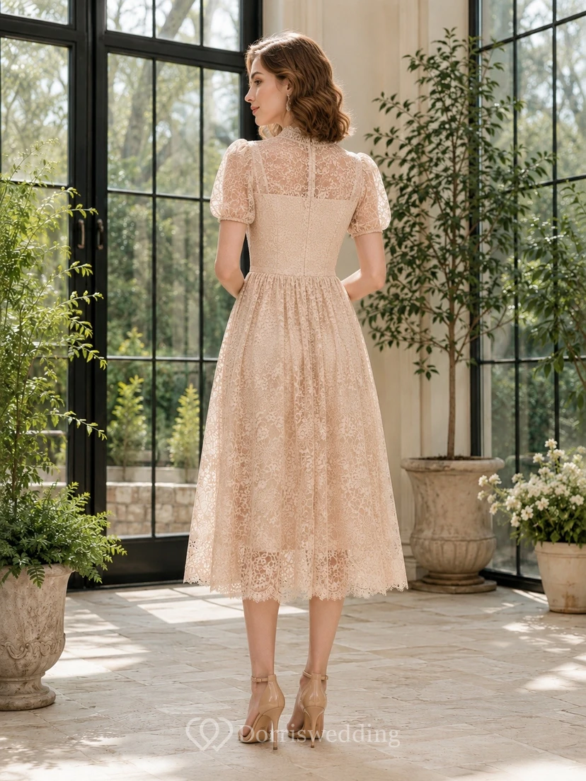 Champagne Lace Square Neck Short Sleeve A-Line Tea-length Formal Dress view 2