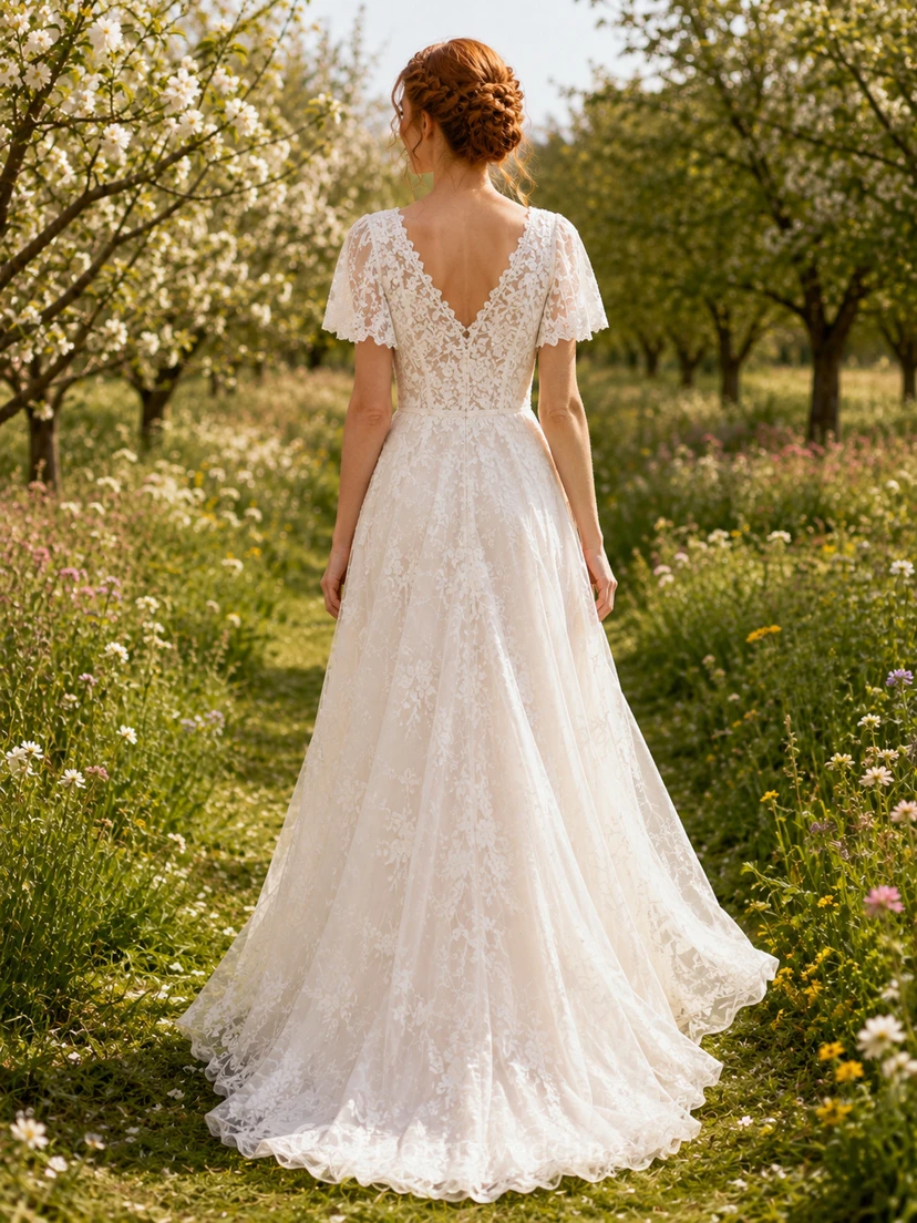 Flutter Sleeve Lace A Line Orchard Garden Bridal Gown view 2