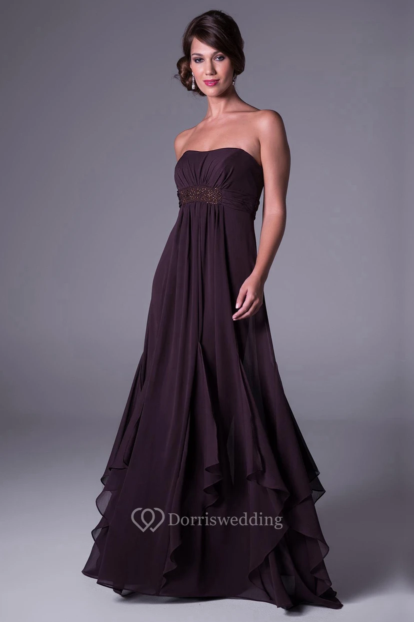 A-Linien-Brautjungfernkleid aus Chiffon, ärmellos, bodenlang, trägerlos, im Empire-Stil mit Taillenschmuck