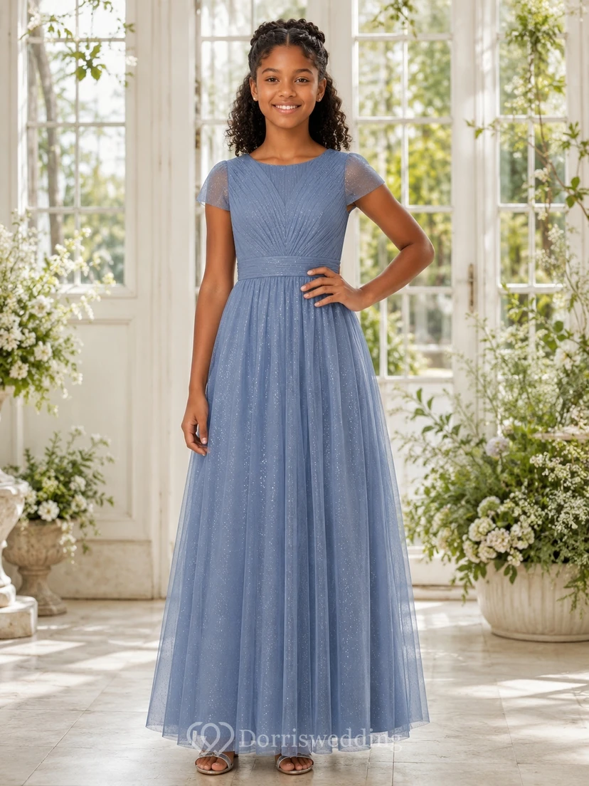 Vestido de dama de honor juvenil azul pizarra, corte en A, escote en V, manga corta, tul, detalle de lentejuelas, elegante.