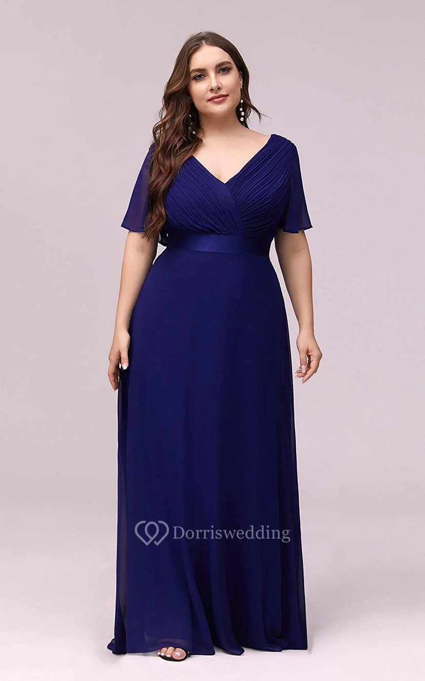 Romantic Chiffon V-neck Half Sleeve A Line Formal Dress With Criss Cross and Ruching view 4