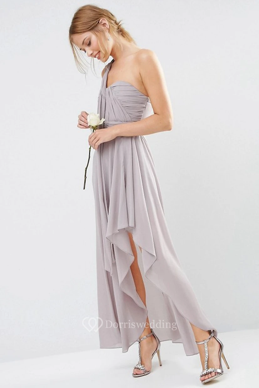 Ankle-Length Draped Sleeveless One-Shoulder Chiffon Bridesmaid Dress