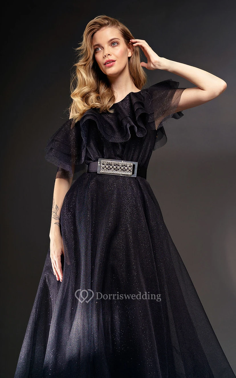 Asymmetrisches, schulterfreies, schwarzes A-Linien-Abendkleid view 4