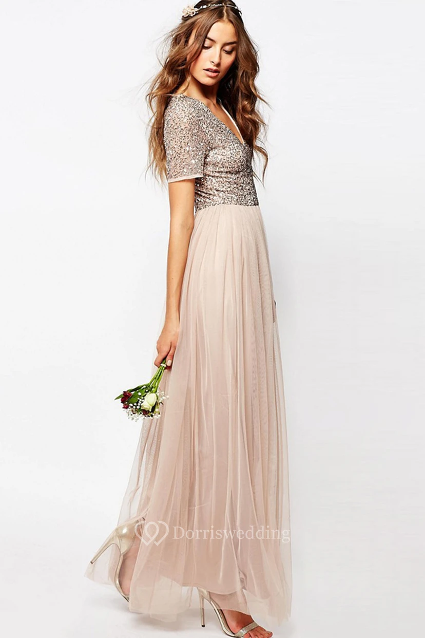 Ankle-Length V-Neck Sequined Short Sleeve Tulle Bridesmaid Dress With Pleats view 3