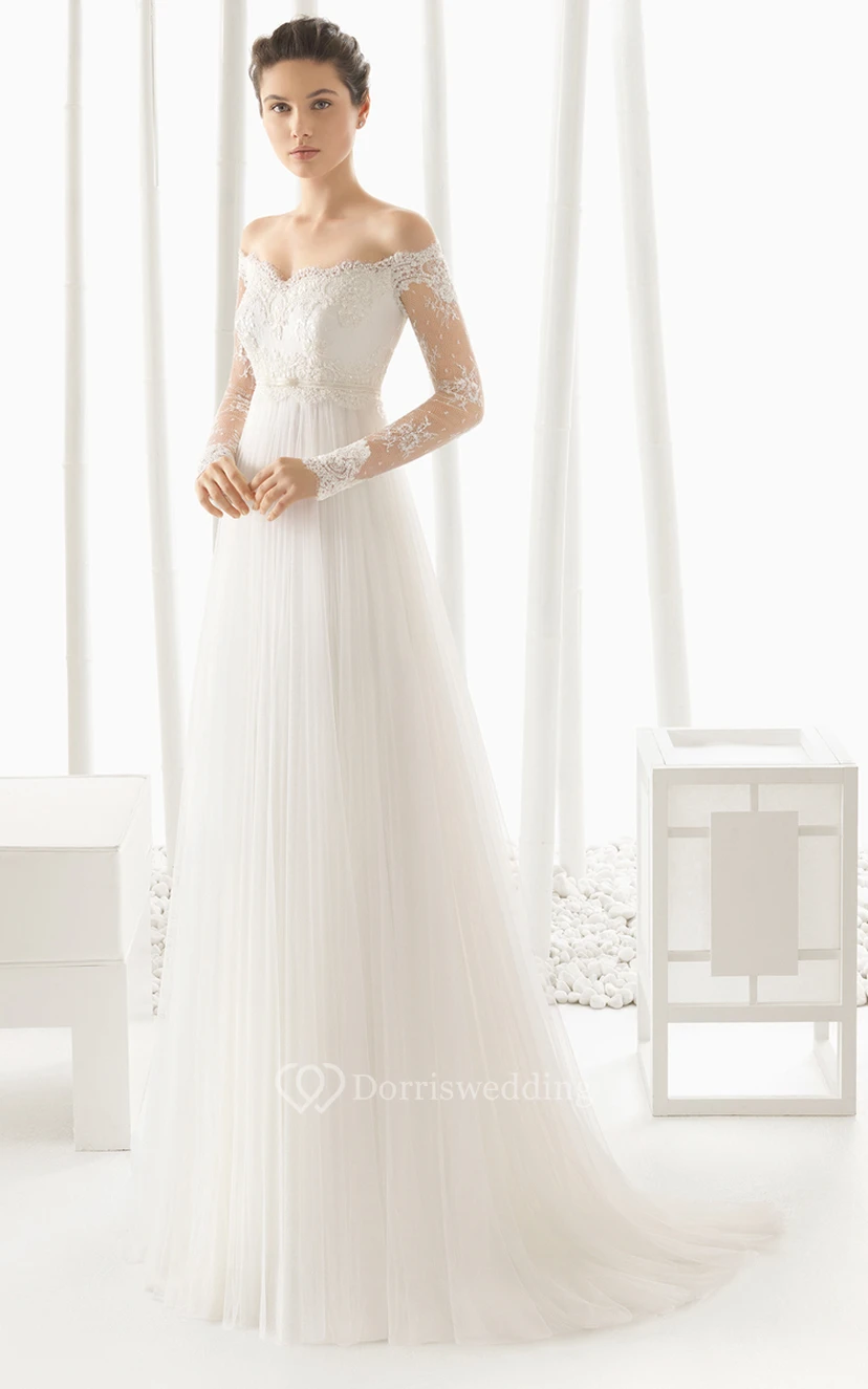 Off Designed Dress With Long Illusion Sleeves