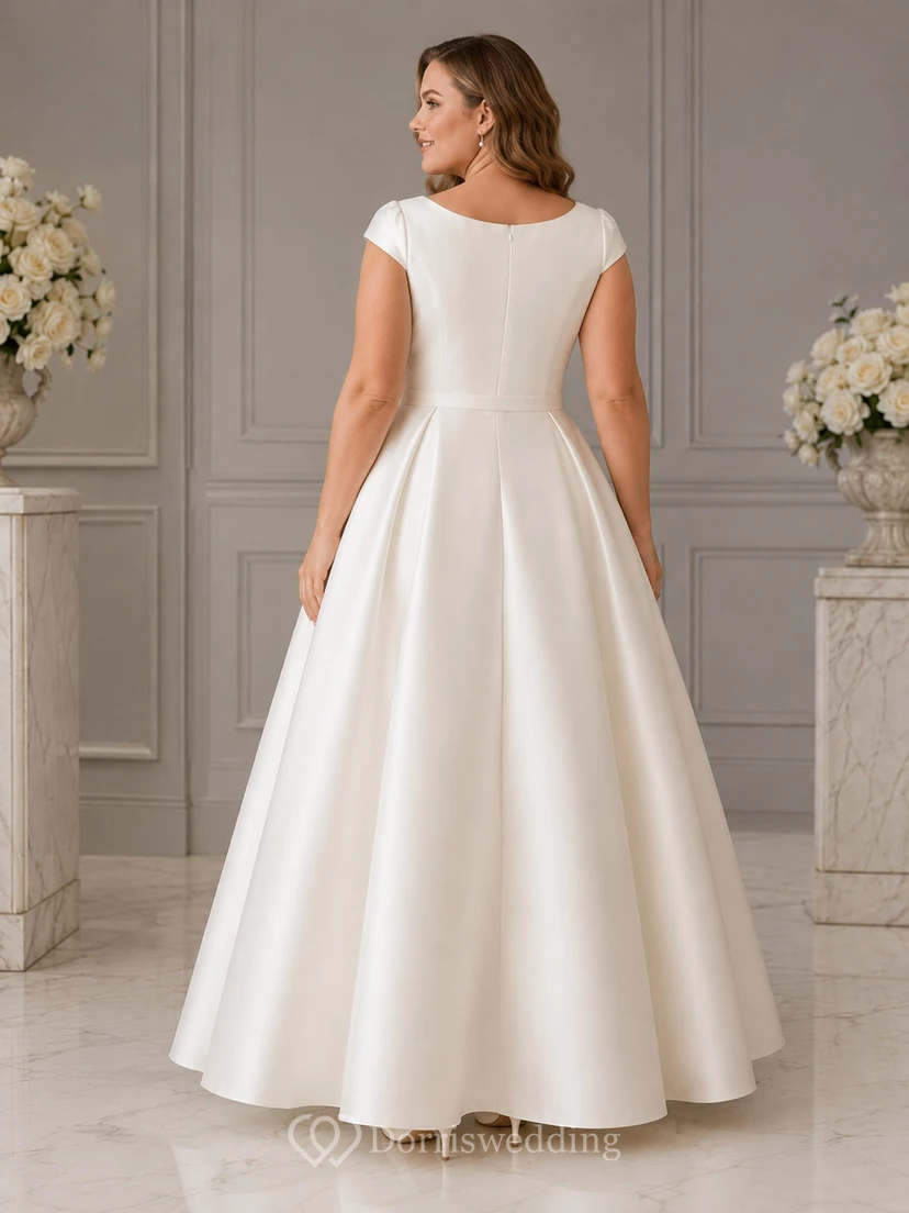 Plus-Size Satin-Brautkleid mit Rundhalsausschnitt, kurzen Ärmeln, schlichter A-Linien-Form, Knöchellänge und Taschen view 2