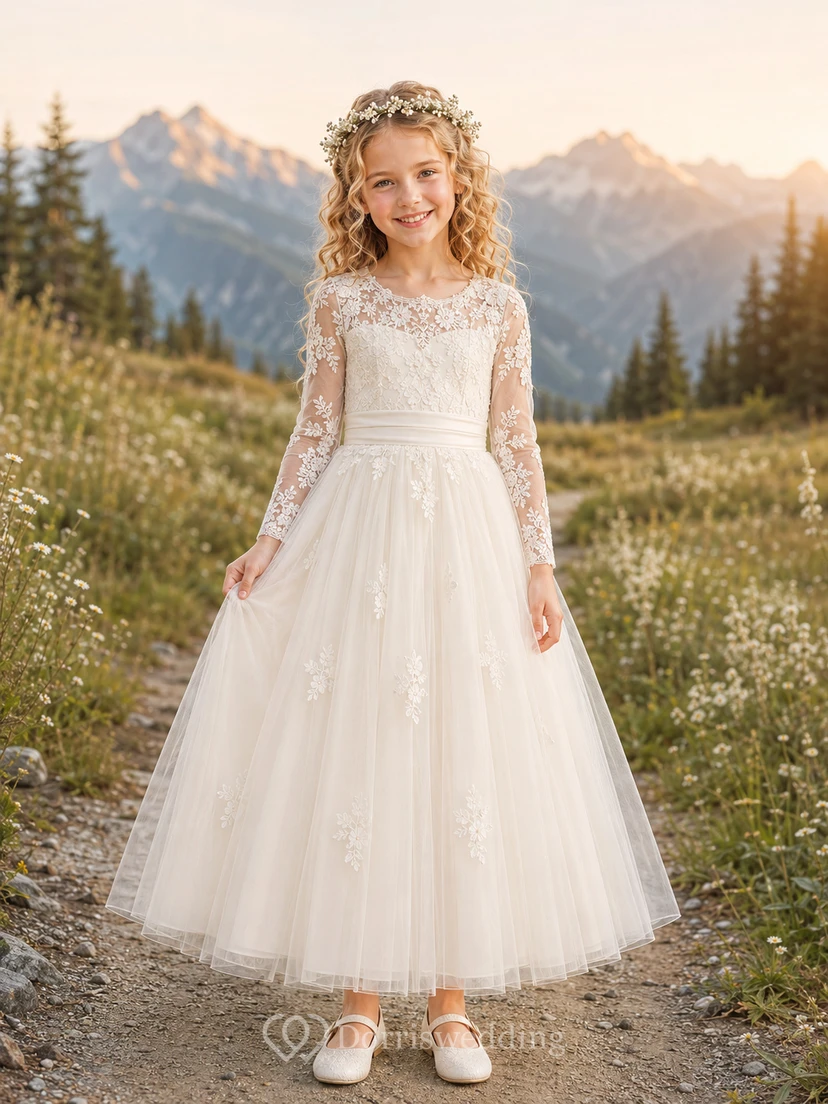 A-Line Flowergirl Lace Tulle Floor-Length Long Sleeve Mountain Wedding Dress