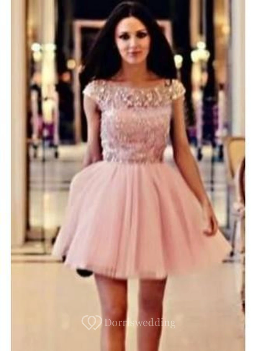 Lovely Pink Crystals Short Homecoming Dress Cap Sleeve