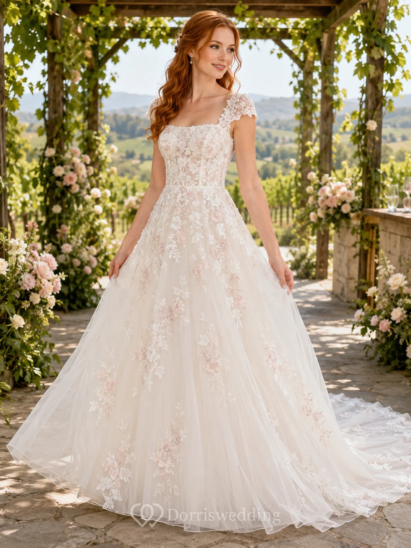 Kleid mit kurzen Ärmeln, floraler Spitze, rosafarbenem Weinrot, A-Linie