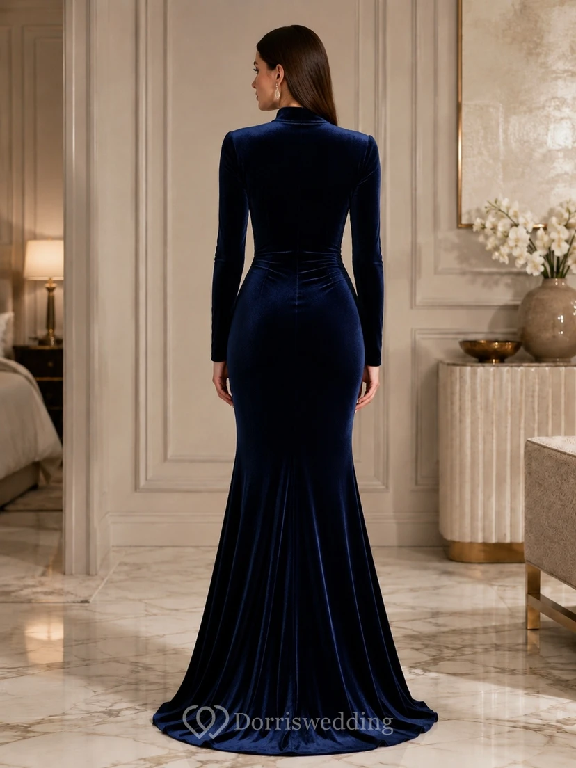 Vestido de noche sexy de terciopelo azul marino oscuro, manga larga y cuello alto, estilo sirena, largo hasta el suelo view 2