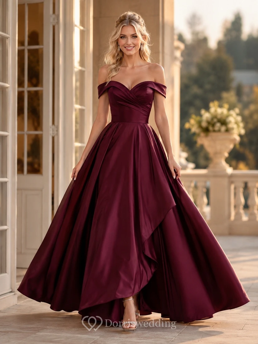 Burgundy Prom Satin Off-Shoulder Ball Gown Formal Evening Dress