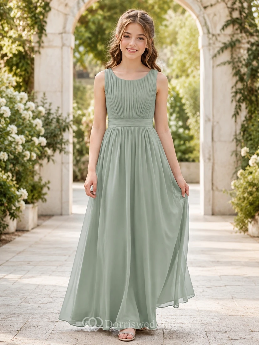Celadonfarbenes Brautjungfernkleid in A-Linie mit juwelenbesetztem, ärmellosem Chiffon-Oberteil und Faltenrock, elegant