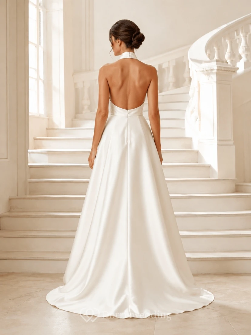 Simple High-low Sleeveless Bridal Ceremony Formal Halter A-line Dress view 2