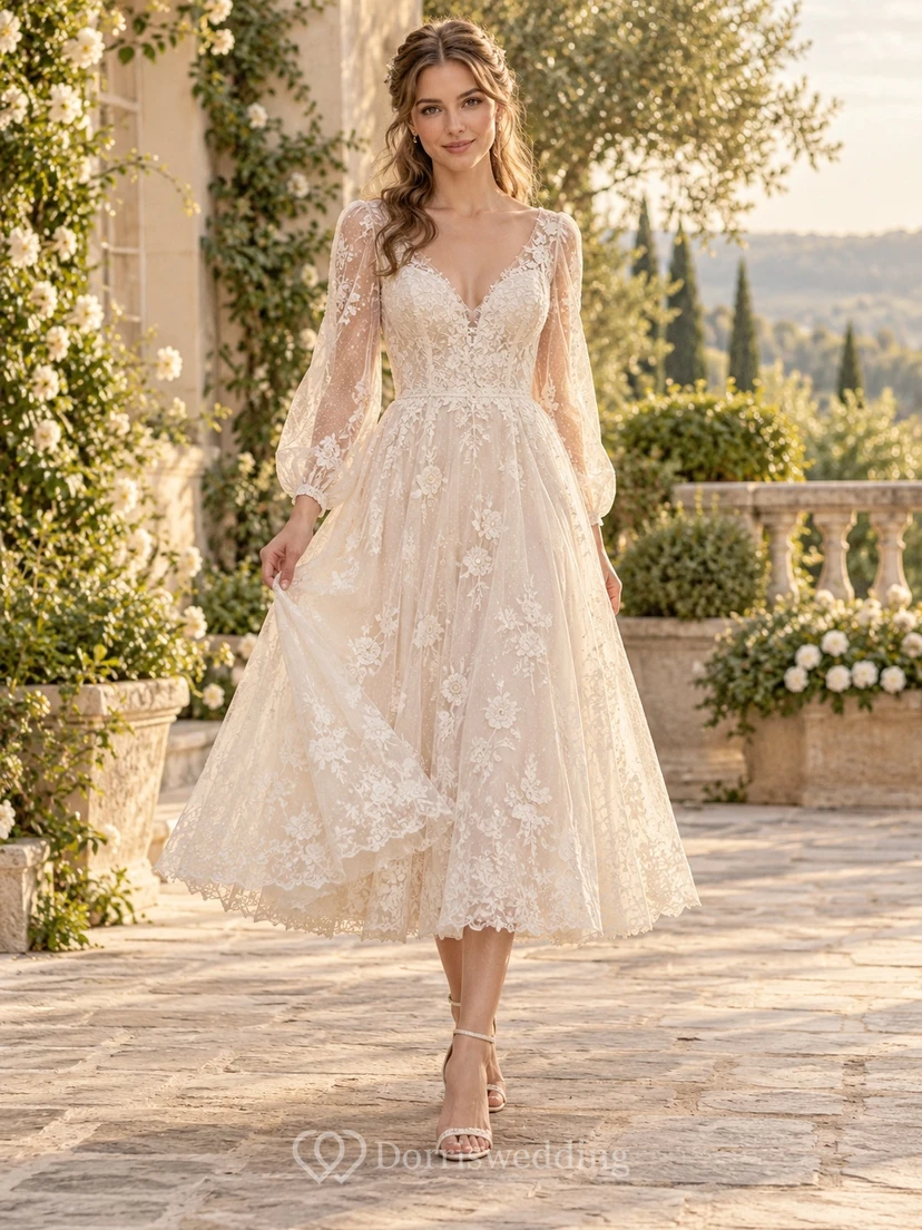 Vintage Tea-length V-neck Long Poet Sleeve Lace A-line Wedding Dress